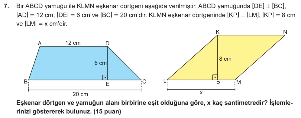 7. Sınıf Matematik 2025-2026 2. Dönem 2. Yazılı Ortak Sınav 7. Soru (Öğle Oturumu) görseli