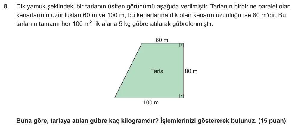 7. Sınıf Matematik 2025-2026 2. Dönem 2. Yazılı Ortak Sınav 8. Soru (Sabah Oturumu) görseli