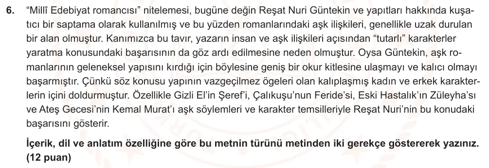 9. Sınıf Türk Dili ve Edebiyatı 2025-2026 2. Dönem 2. Yazılı Ortak Sınav 6. Soru (Öğle Oturumu) görseli