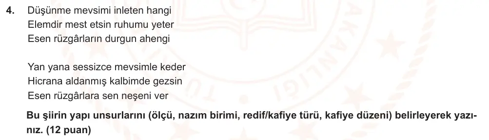 9. Sınıf Türk Dili ve Edebiyatı 2025-2026 2. Dönem 2. Yazılı Ortak Sınav 4. Soru (Sabah Oturumu) görseli