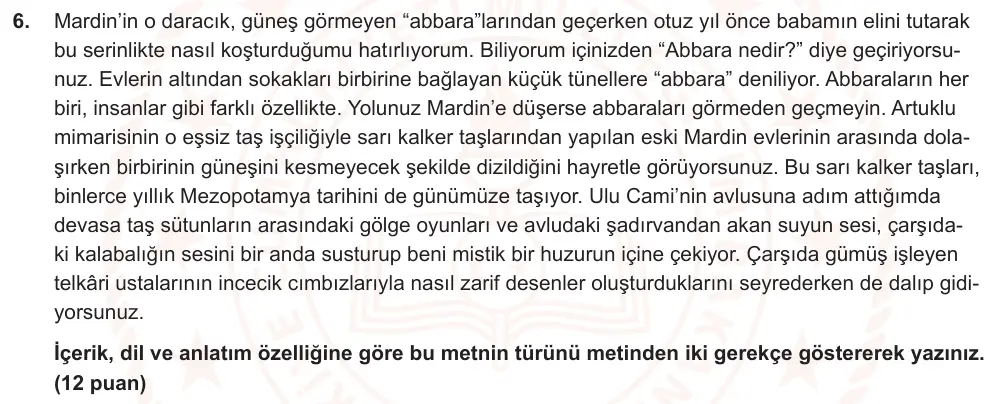 9. Sınıf Türk Dili ve Edebiyatı 2025-2026 2. Dönem 2. Yazılı Ortak Sınav 6. Soru (Sabah Oturumu) görseli