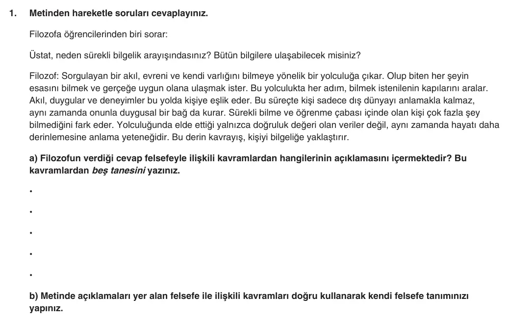 10. Sınıf Felsefe 2025-2026 1. Dönem 1. Yazılı 1. Soru (Yazılıya Hazırlanıyorum) görseli