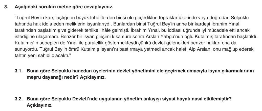 10. Sınıf Tarih 2025-2026 1. Dönem 1. Yazılı 3. Soru (Yazılıya Hazırlanıyorum) görseli