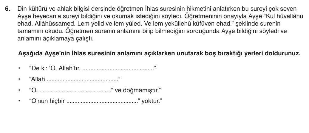 5. Sınıf Din Kültürü ve Ahlak Bilgisi 2025-2026 1. Dönem 1. Yazılı 6. Soru (Yazılıya Hazırlanıyorum) görseli