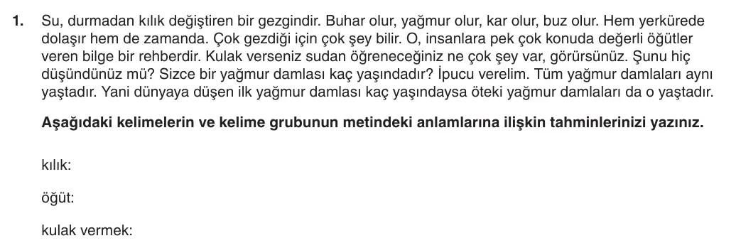5. Sınıf Türkçe 2025-2026 1. Dönem 1. Yazılı 1. Soru (Yazılıya Hazırlanıyorum) görseli