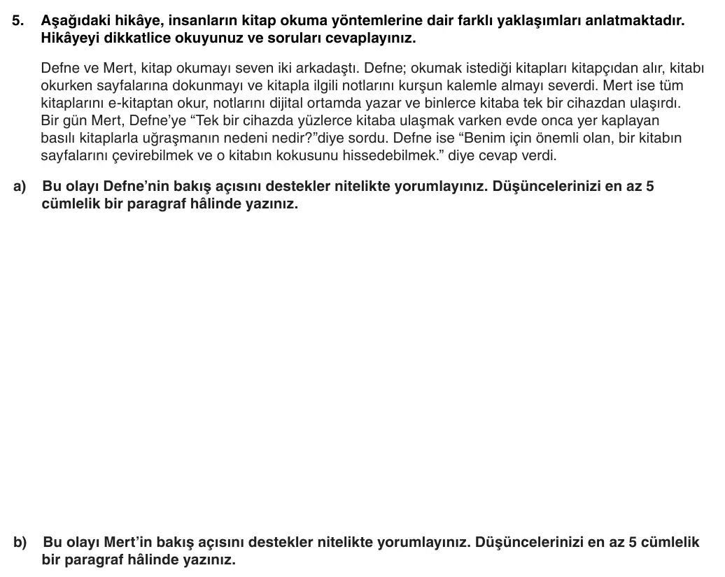 6. Sınıf Türkçe 2025-2026 1. Dönem 1. Yazılı 5. Soru (Yazılıya Hazırlanıyorum) görseli