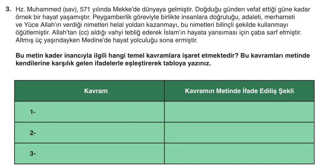 8. Sınıf Din Kültürü ve Ahlak Bilgisi 2025-2026 1. Dönem 1. Yazılı 3. Soru (Yazılıya Hazırlanıyorum) görseli