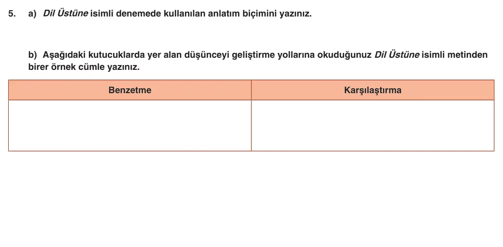 9. Sınıf Türk Dili ve Edebiyatı 2025-2026 1. Dönem 1. Yazılı 5. Soru (Yazılıya Hazırlanıyorum) görseli