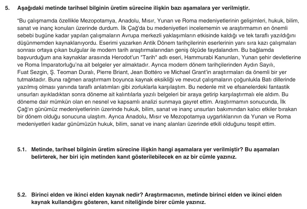 9. Sınıf Tarih 2025-2026 1. Dönem 1. Yazılı 5. Soru (Yazılıya Hazırlanıyorum) görseli