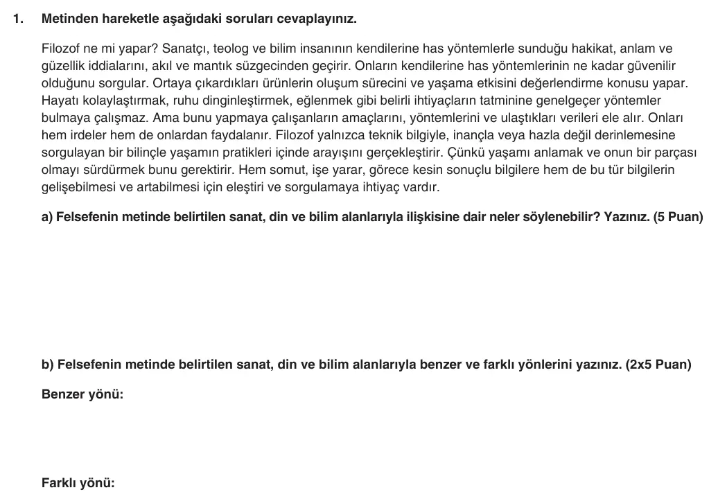 10. Sınıf Felsefe 2025-2026 1. Dönem 2. Yazılı 1. Soru (Yazılıya Hazırlanıyorum) görseli