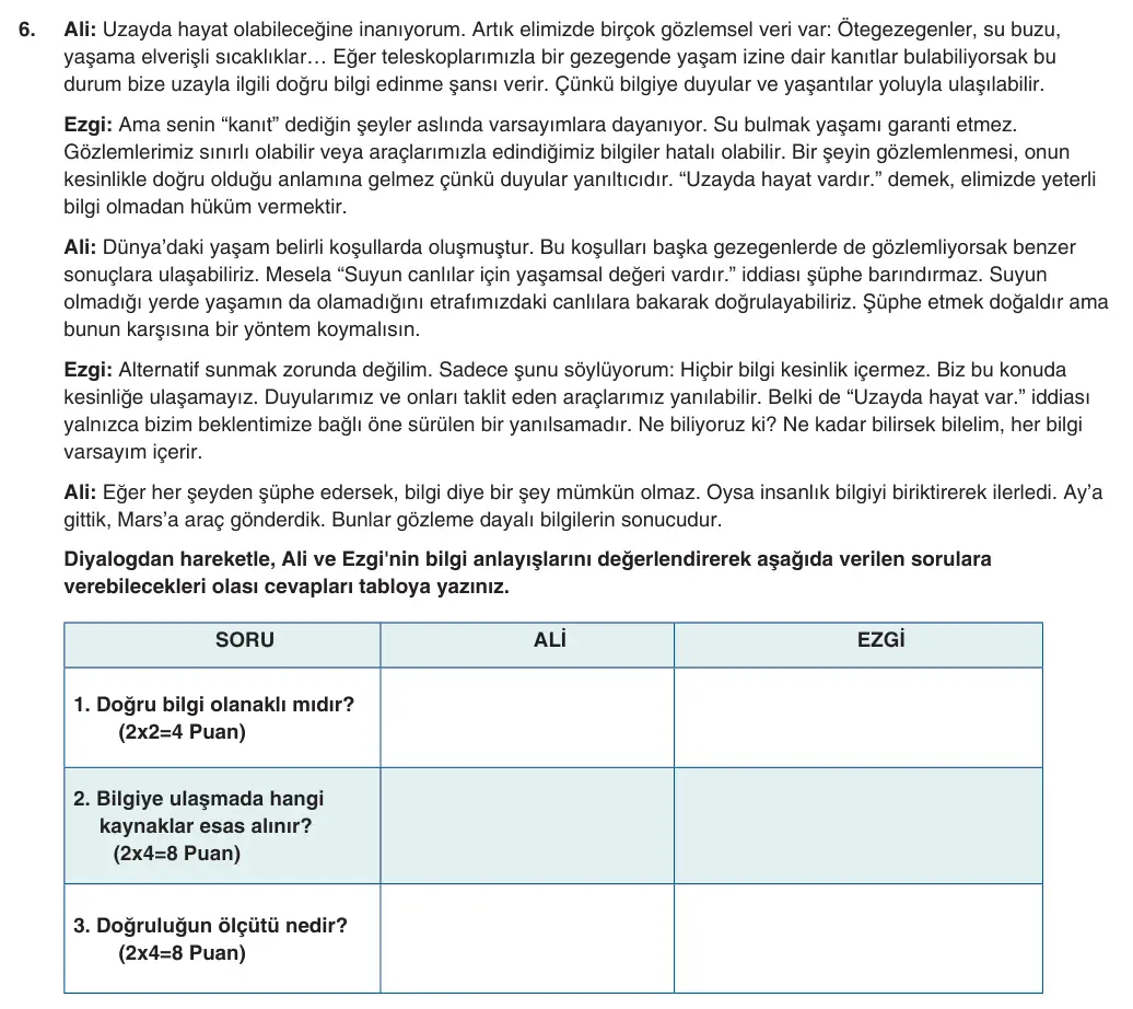 10. Sınıf Felsefe 2025-2026 1. Dönem 2. Yazılı 6. Soru (Yazılıya Hazırlanıyorum) görseli (1/2)