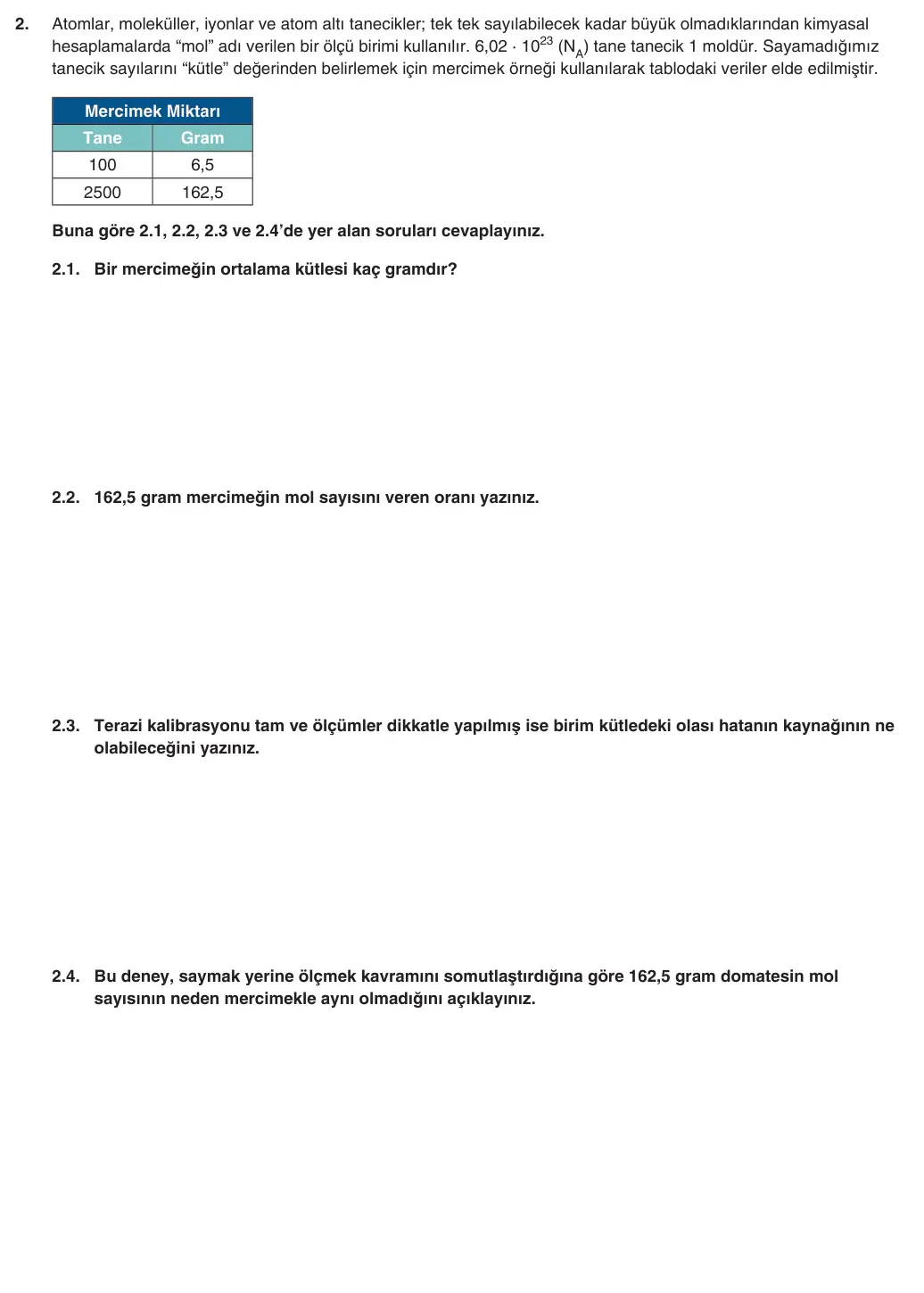 10. Sınıf Kimya 2025-2026 1. Dönem 2. Yazılı 2. Soru (Yazılıya Hazırlanıyorum) görseli