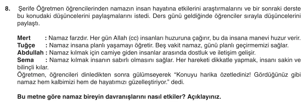 5. Sınıf Din Kültürü ve Ahlak Bilgisi 2025-2026 1. Dönem 2. Yazılı 8. Soru (Yazılıya Hazırlanıyorum) görseli