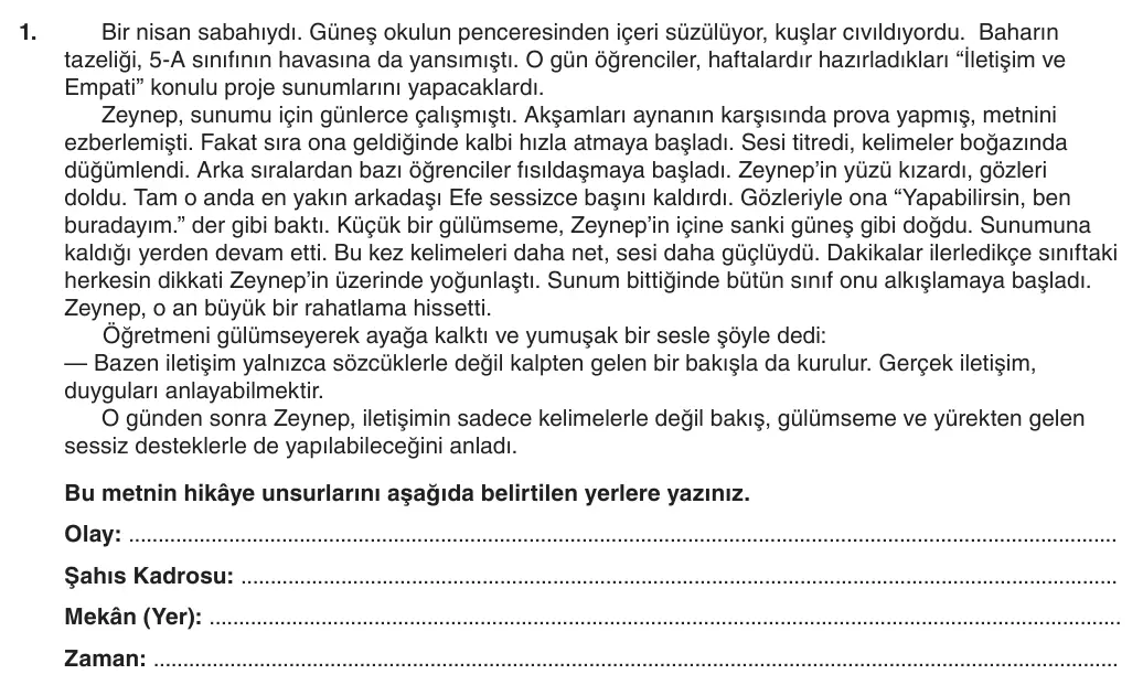 5. Sınıf Türkçe 2025-2026 1. Dönem 2. Yazılı 1. Soru (Yazılıya Hazırlanıyorum) görseli