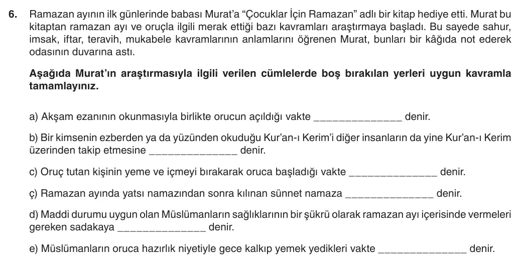 6. Sınıf Din Kültürü ve Ahlak Bilgisi 2025-2026 1. Dönem 2. Yazılı 6. Soru (Yazılıya Hazırlanıyorum) görseli