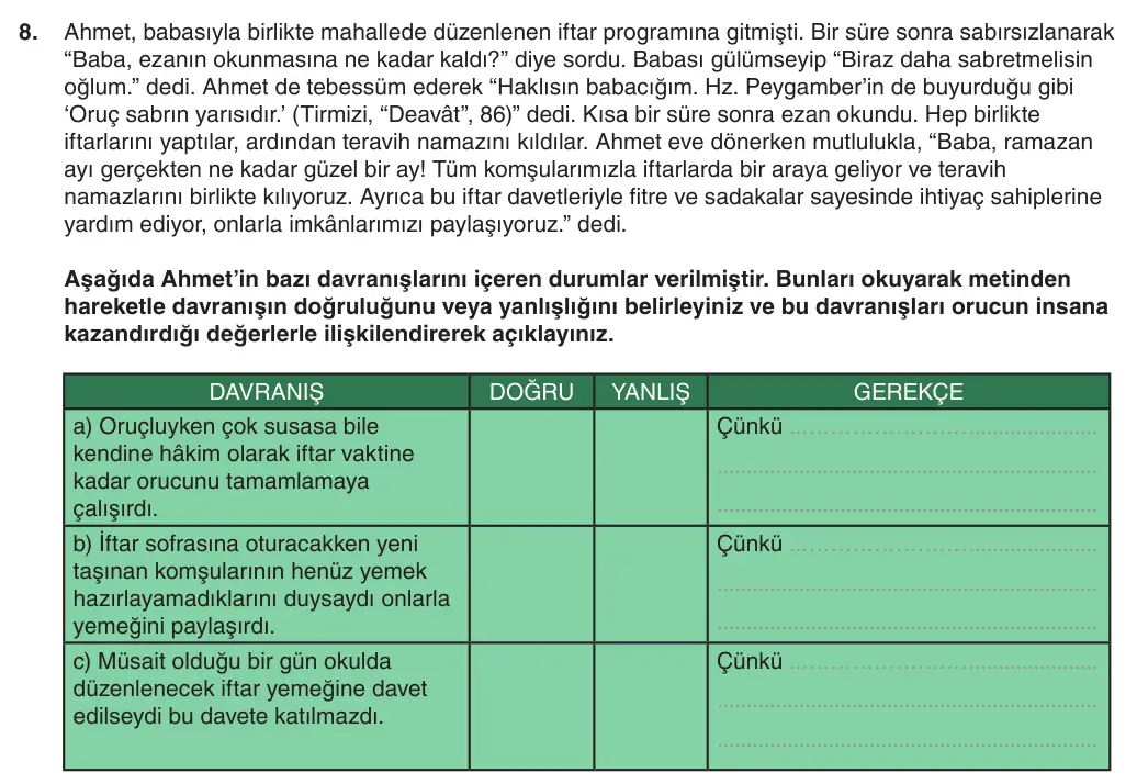 6. Sınıf Din Kültürü ve Ahlak Bilgisi 2025-2026 1. Dönem 2. Yazılı 8. Soru (Yazılıya Hazırlanıyorum) görseli