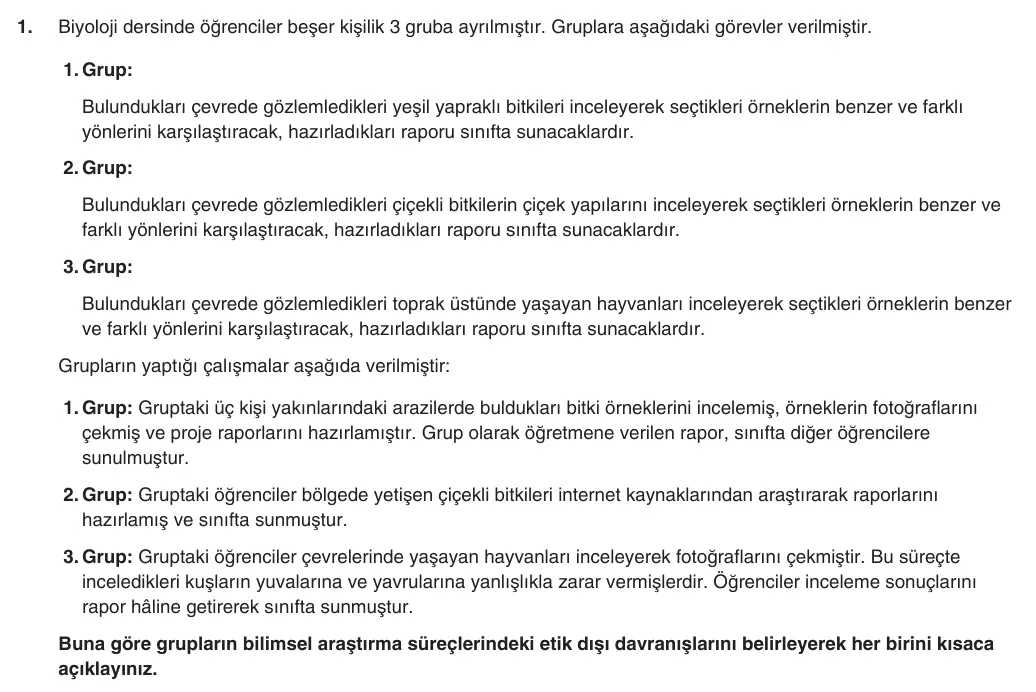 9. Sınıf Biyoloji 2025-2026 1. Dönem 2. Yazılı 1. Soru (Yazılıya Hazırlanıyorum) görseli