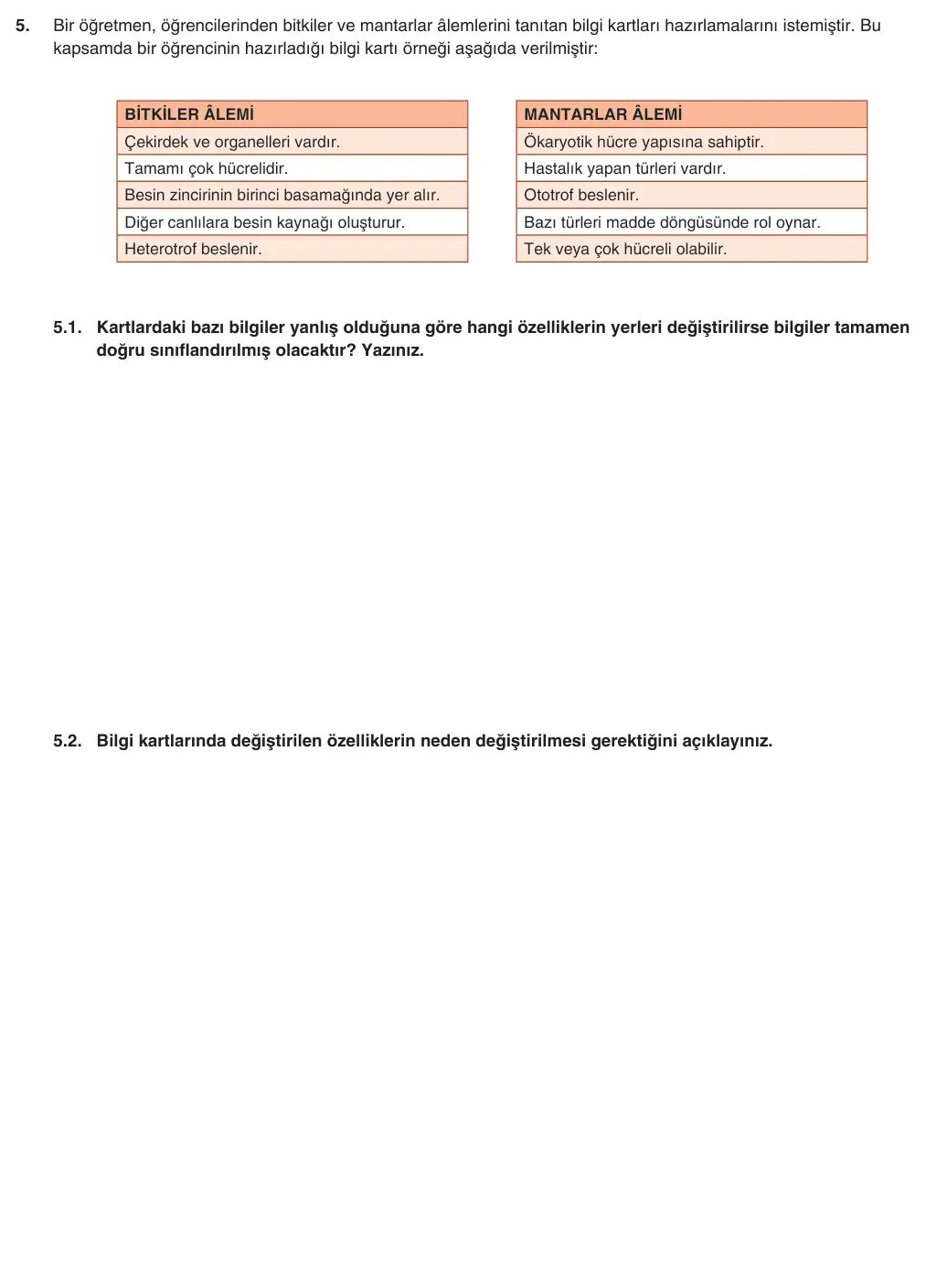 9. Sınıf Biyoloji 2025-2026 1. Dönem 2. Yazılı 5. Soru (Yazılıya Hazırlanıyorum) görseli (1/2)