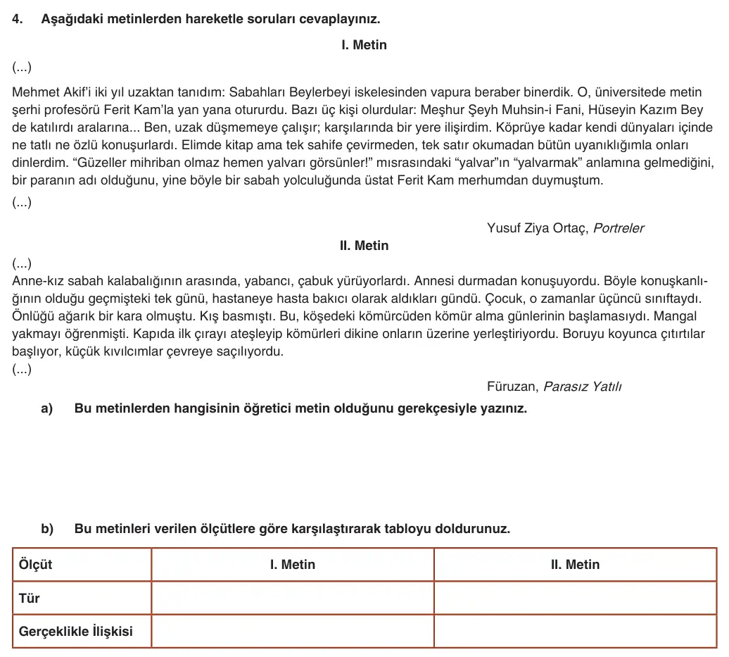 9. Sınıf Türk Dili ve Edebiyatı 2025-2026 1. Dönem 2. Yazılı 4. Soru (Yazılıya Hazırlanıyorum) görseli