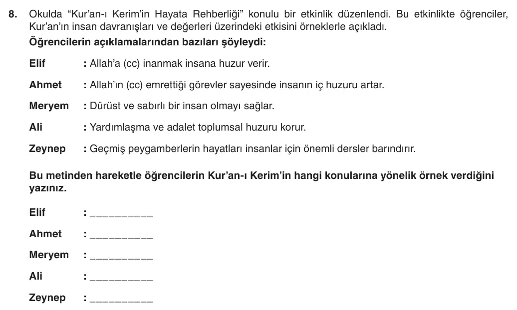 5. Sınıf Din Kültürü ve Ahlak Bilgisi 2025-2026 2. Dönem 1. Yazılı 8. Soru (Yazılıya Hazırlanıyorum) görseli