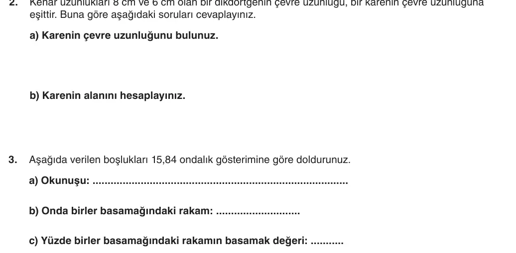 5. Sınıf Matematik 2025-2026 2. Dönem 1. Yazılı 3. Soru (Yazılıya Hazırlanıyorum) görseli