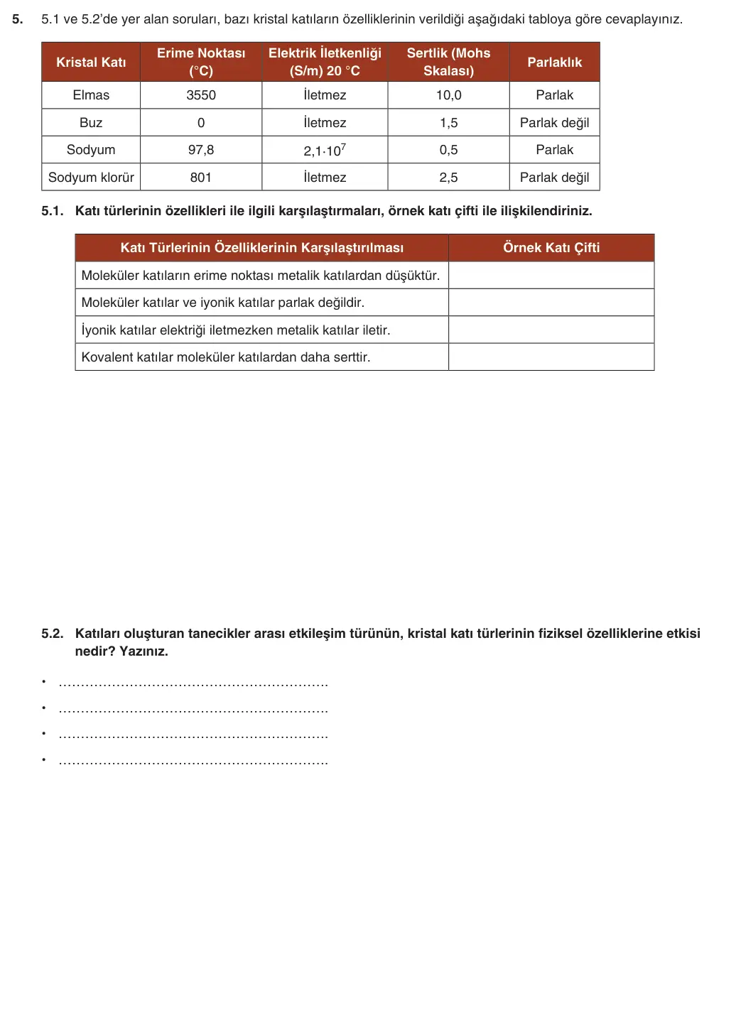 9. Sınıf Kimya 2025-2026 2. Dönem 1. Yazılı 5. Soru (Yazılıya Hazırlanıyorum) görseli (1/2)