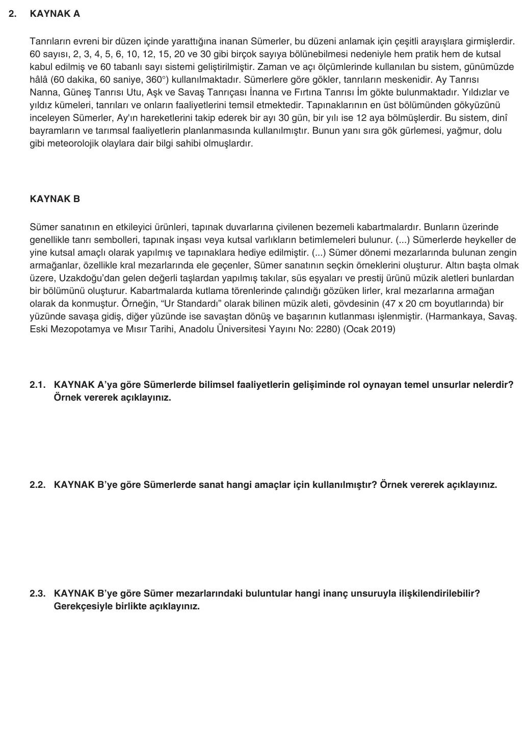 9. Sınıf Tarih 2025-2026 2. Dönem 1. Yazılı 2. Soru (Yazılıya Hazırlanıyorum) görseli