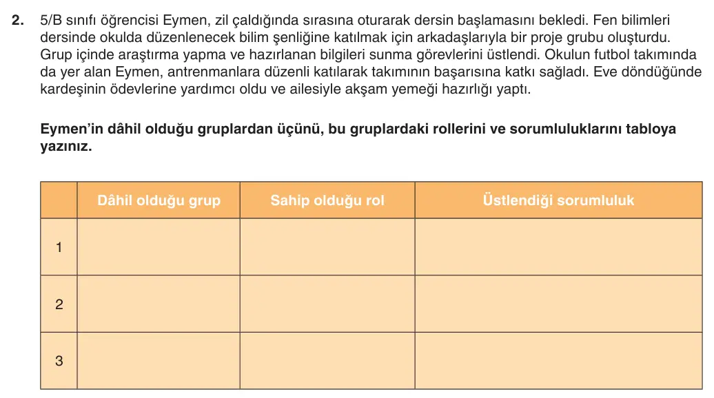5. sınıf Sosyal Bilgiler sorusu – 2026-2027 1. dönem 1. yazılı 2. soru